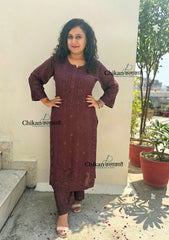 Saawariya Muslin Chikankari Kurti Set - Brown