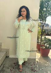 Saawariya Muslin Chikankari Kurti Set - Mint Green