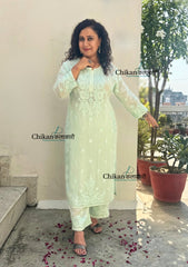 Saawariya Muslin Chikankari Kurti Set - Mint Green