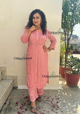 Saawariya Muslin Chikankari Kurti Set - Pastel Pink