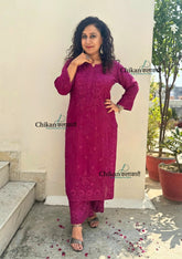 Saawariya Muslin Chikankari Kurti Set - Wine