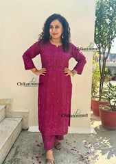Saawariya Muslin Chikankari Kurti Set - Wine