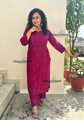 Saawariya Muslin Chikankari Kurti Set - Wine