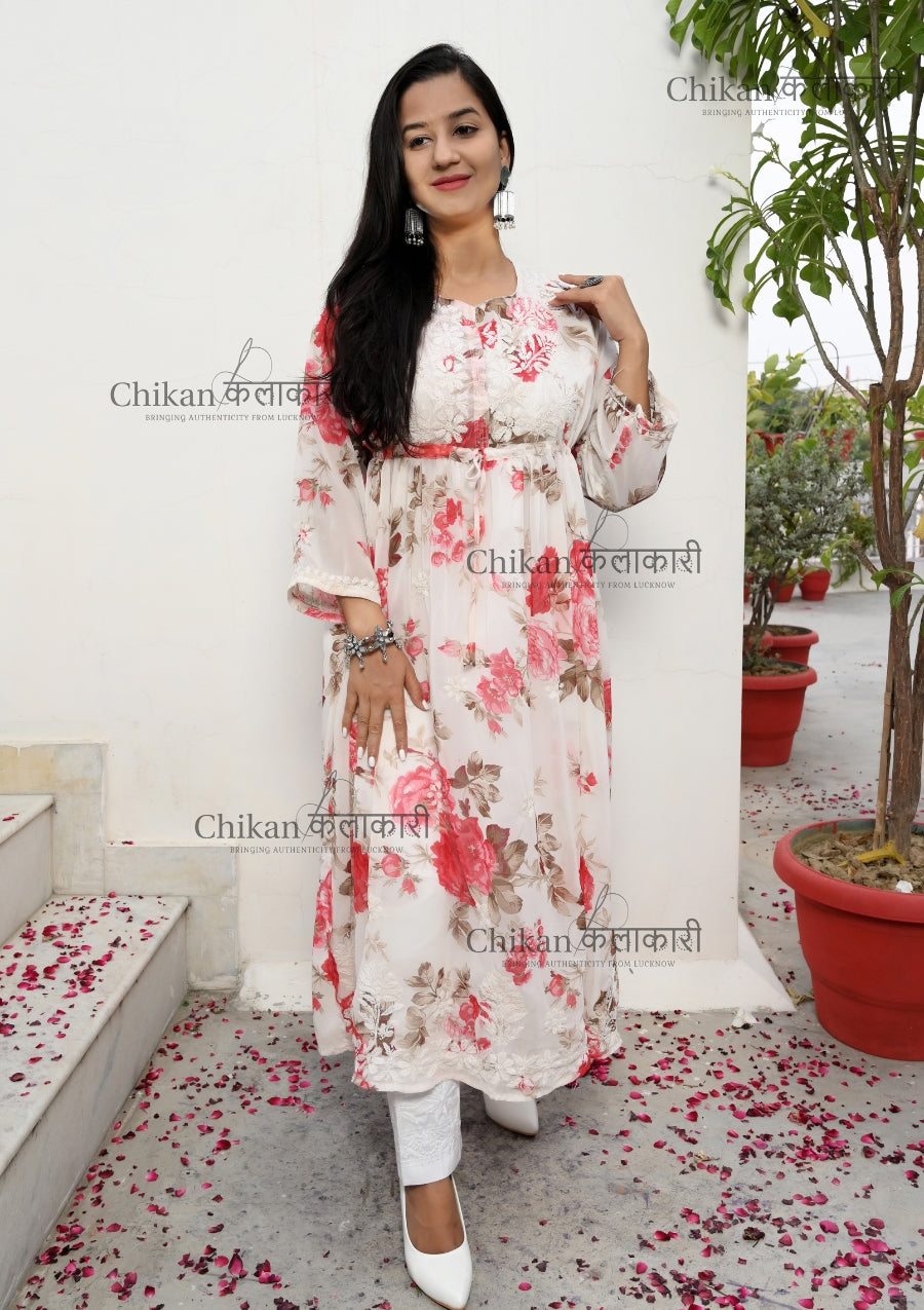 Saba Naira Cut Georgette Chikankari Kurti | chikan curry kurti | lakhnavi kurti | lucknowi chikankari kurta