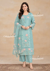 Sage Green Cotton Threadwork Straight Kurta With Regular Pant And Dupatta