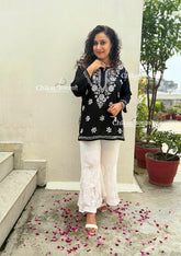 Siyara Short Cotton Chikankari Kurti - Black