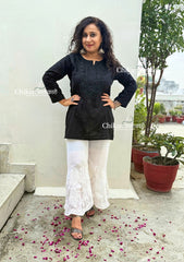 Siyara Short Cotton Chikankari Kurti - Full Black