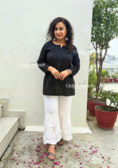 Siyara Short Cotton Chikankari Kurti - Full Black
