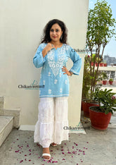 Tanisha Rayon Short Chikankari Kurti - Powder Blue
