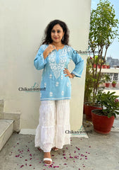 Tanisha Rayon Short Chikankari Kurti - Powder Blue
