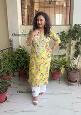 Tanvi Mulmul Chikankari Kurti - Pista Green