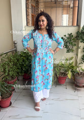 Tanvi Mulmul Chikankari Kurti - Sky Blue