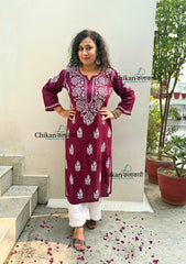 Tanya Rayon Chikankari Kurti - Wine