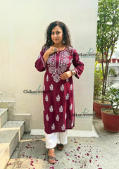 Tanya Rayon Chikankari Kurti - Wine