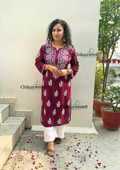 Tanya Rayon Chikankari Kurti - Wine