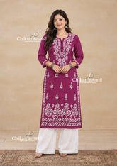 Tara Cotton Chikankari Kurti - Mulberry Pink