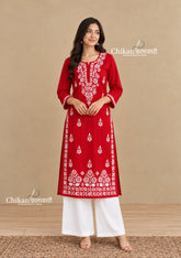 Tara Cotton Chikankari Kurti - Red