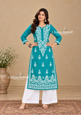 Tara Cotton Chikankari Kurti - Turquoise Green