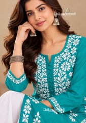 Tara Cotton Chikankari Kurti - Turquoise Green