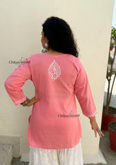 Tia Cotton Short Chikankari Kurti - Peach