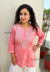 Tia Cotton Short Chikankari Kurti - Peach