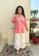 Tia Cotton Short Chikankari Kurti - Peach