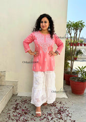 Tia Cotton Short Chikankari Kurti - Peach