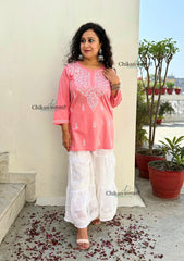 Tia Cotton Short Chikankari Kurti - Peach