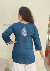Tia Cotton Short Chikankari Kurti - Teal Blue
