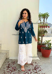 Tia Cotton Short Chikankari Kurti - Teal Blue