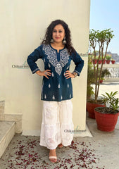 Tia Cotton Short Chikankari Kurti - Teal Blue