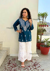 Tia Cotton Short Chikankari Kurti - Teal Blue