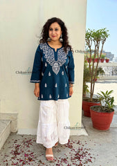 Tia Cotton Short Chikankari Kurti - Teal Blue