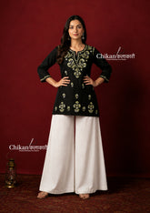 Zara Rayon Black Short Chikankari Kurti - Green