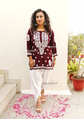 Zeenat Short Chikankari Kurti - Dark Wine