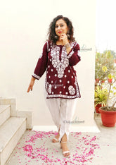 Zeenat Short Chikankari Kurti - Dark Wine