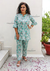 Zianna Mul Cotton Chikankari Kurti Set - Green