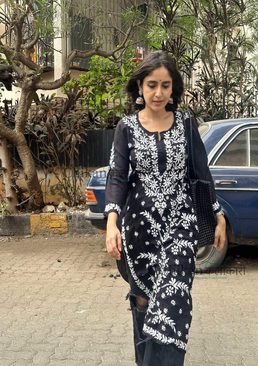 Heena Modal Chikankari Kurta | chicken curry kurti | lakhnavi kurti | lucknow chikan kurti | black chikankari kurti