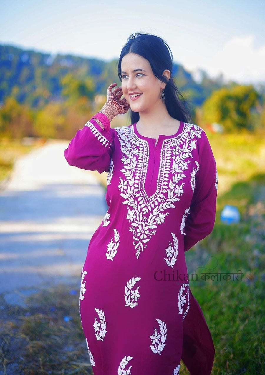 Aisha Modal Magenta chikankari kurta | lucknow chikan kurti | lakhnavi kurta | chicken curry kurti | house of chikankari