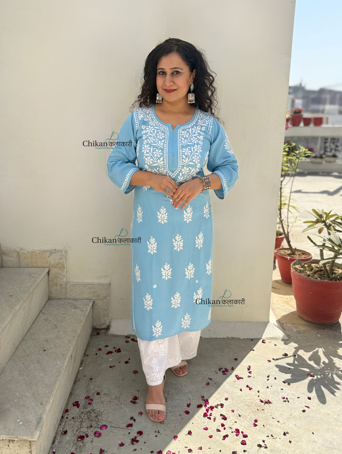 Tanya Powder Blue Rayon Chikankari Kurti