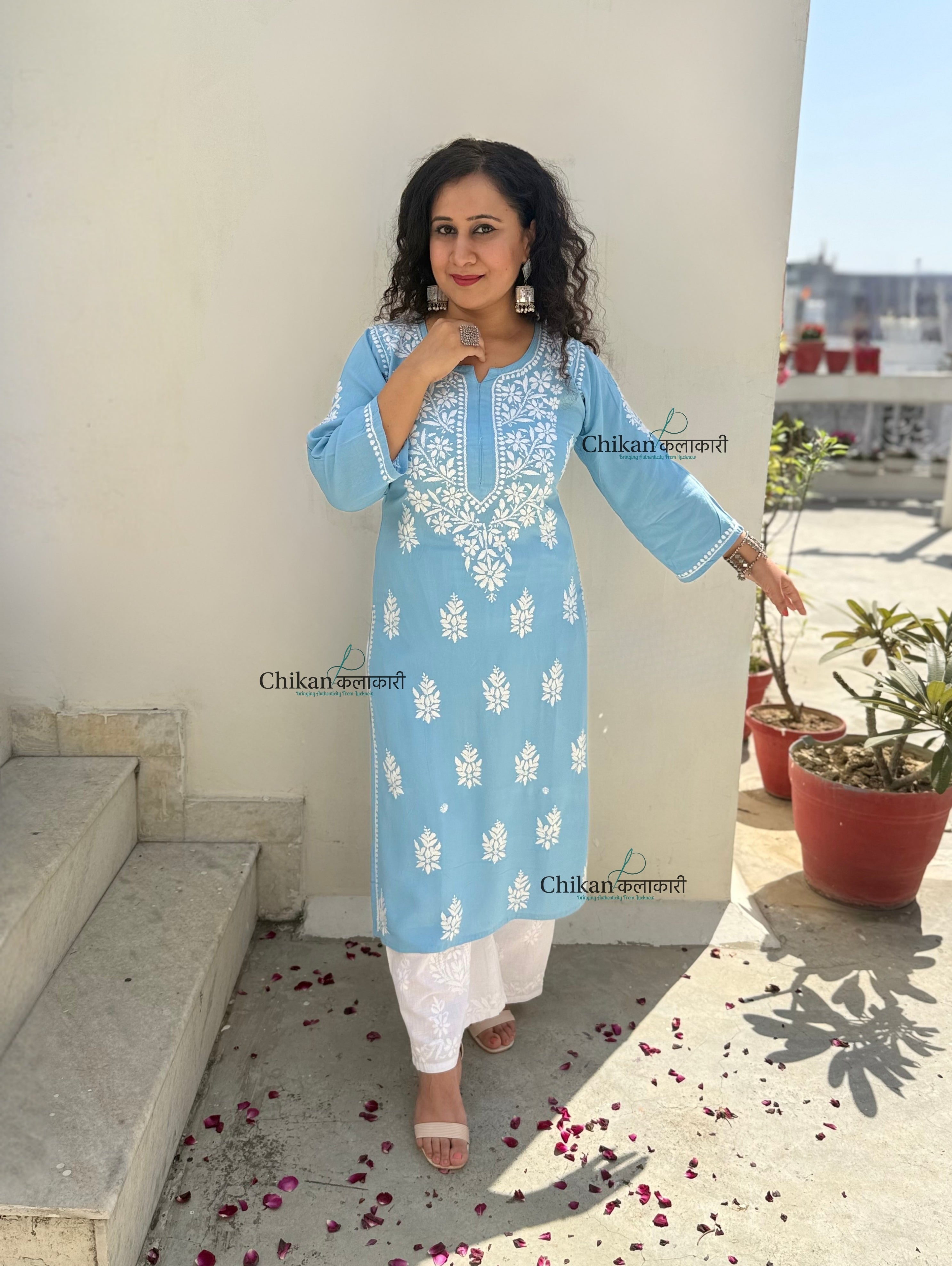 Tanya Powder Blue Rayon Chikankari Kurti