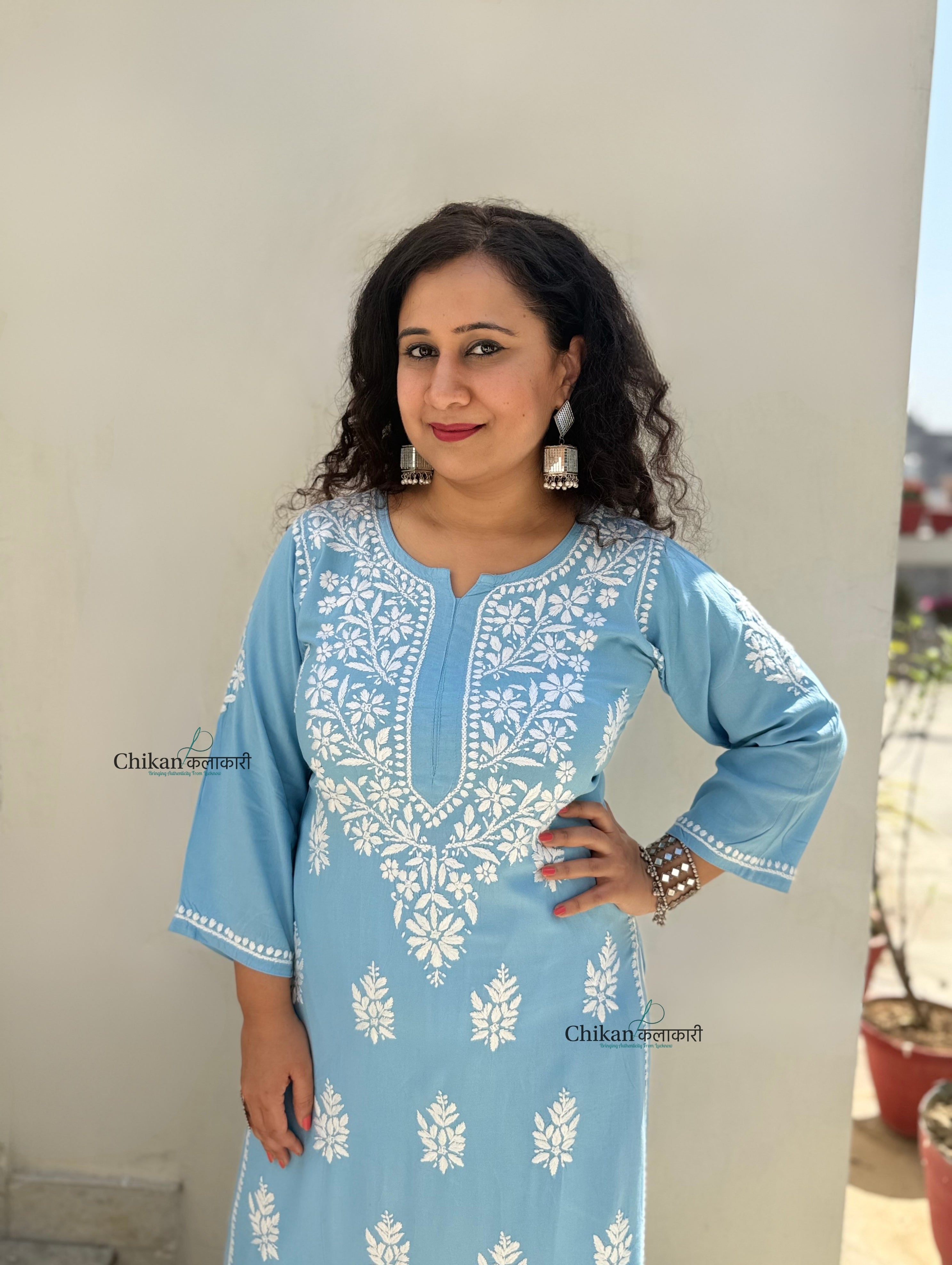 Tanya Powder Blue Rayon Chikankari Kurti