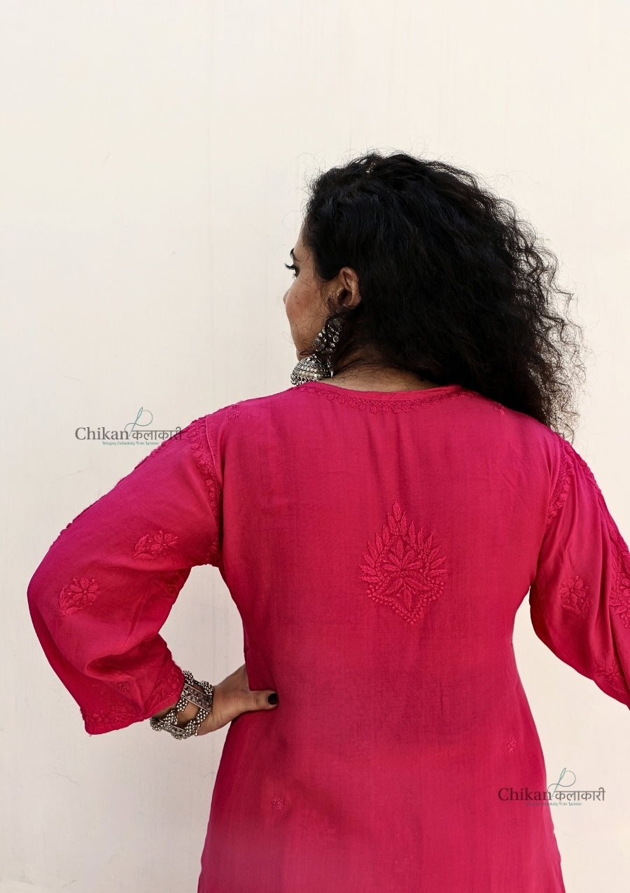 Aafreen Muslin Chikankari Kurti & Palazzo Set - Magenta