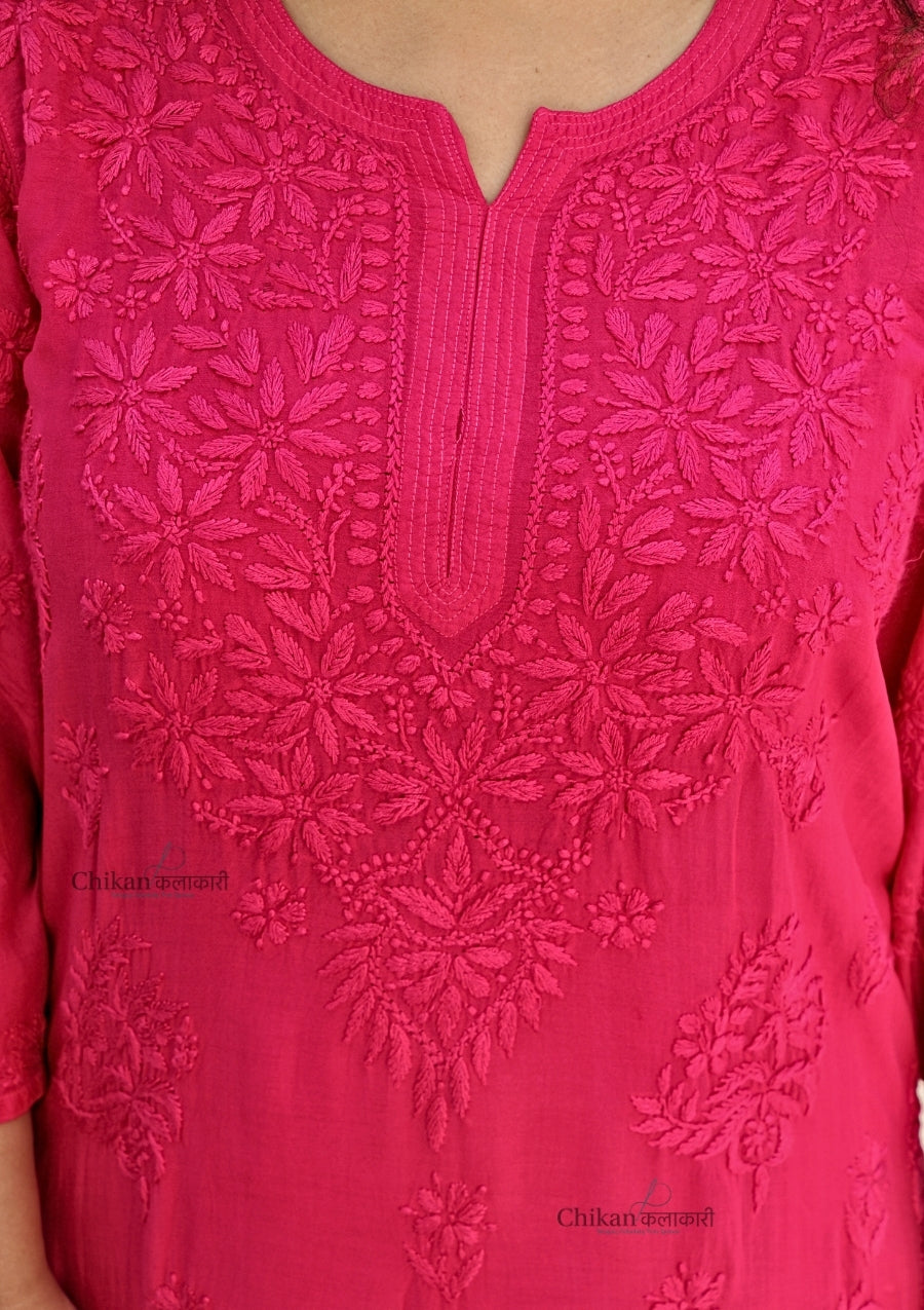 Aafreen Muslin Chikankari Kurti & Palazzo Set - Magenta