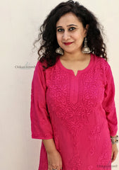 Aafreen Muslin Chikankari Kurti & Palazzo Set - Magenta