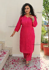 Aafreen Muslin Chikankari Kurti & Palazzo Set - Magenta