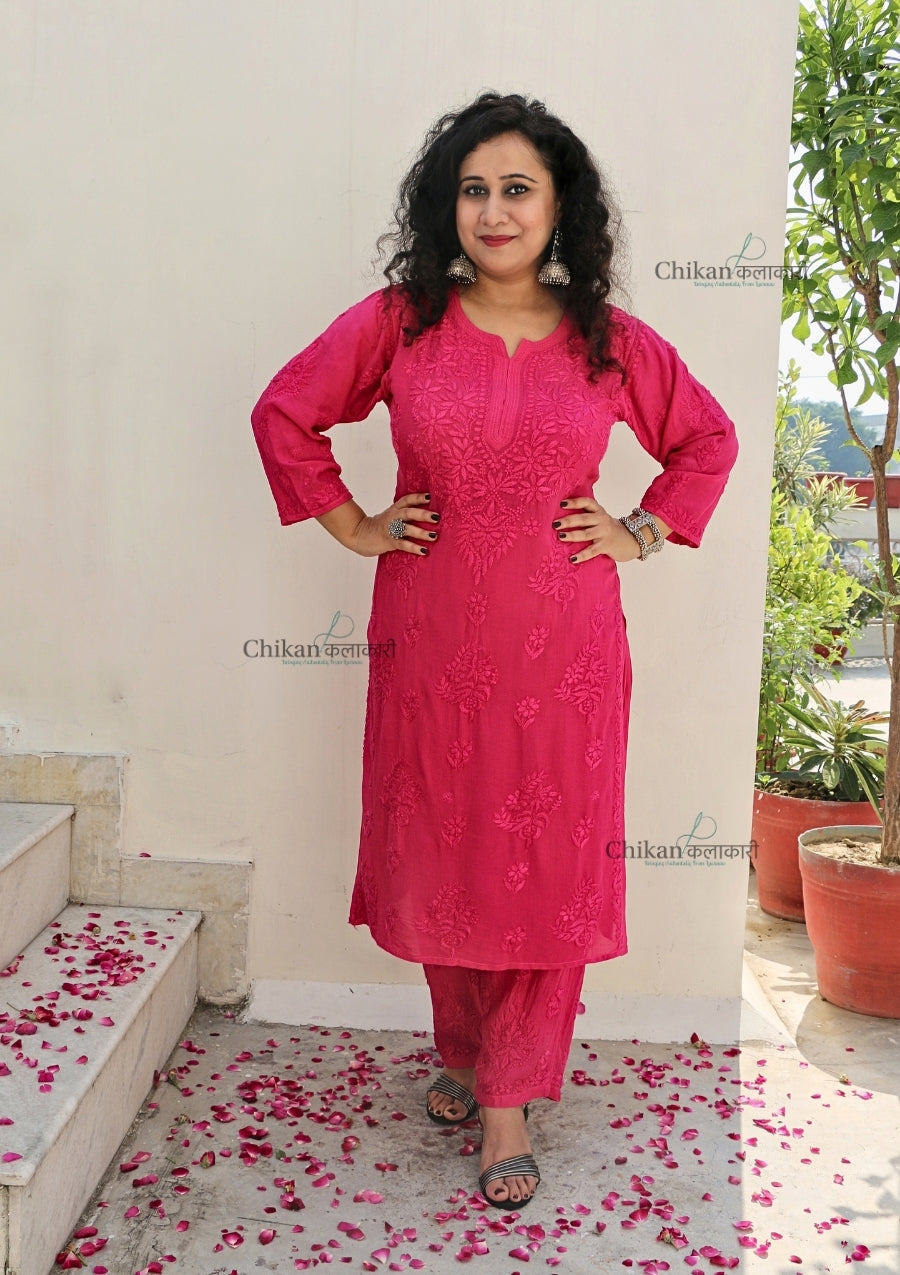 Aafreen Muslin Chikankari Kurti & Palazzo Set - Magenta