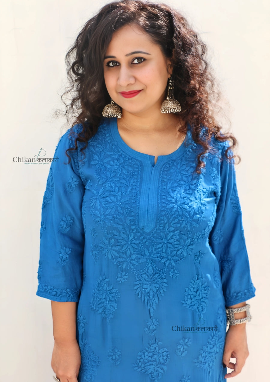 Aafreen Muslin Chikankari Kurti & Palazzo Set - Blue