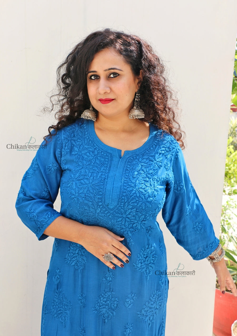 Aafreen Muslin Chikankari Kurti & Palazzo Set - Blue