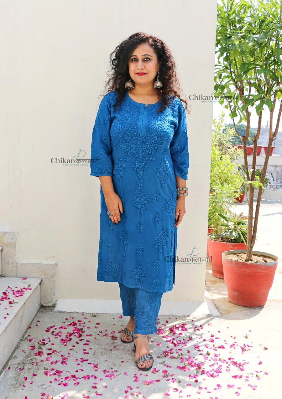 Aafreen Muslin Chikankari Kurti & Palazzo Set - Blue